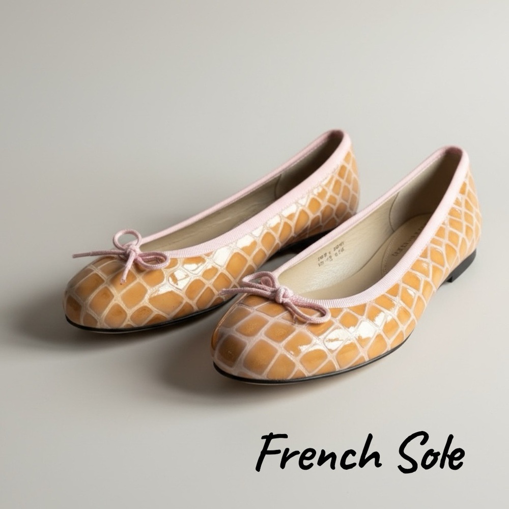 French Sole Womens Croc-Pattern Ballet Flats Shoes with Pink Trim 35-5